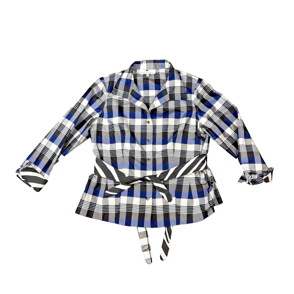 Marisa Baratelli Shirt Size 14 Blue Black Plaid Front Tie Thai Silk Blouse Top